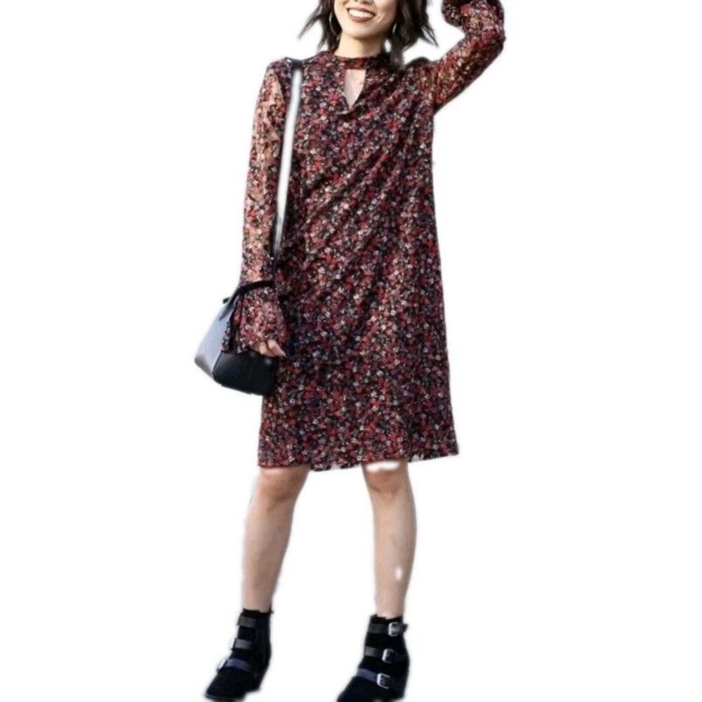Libby Edelman Floral Mesh Shift Dress Black Red Keyhole Bell Sleeve Sz M EUC